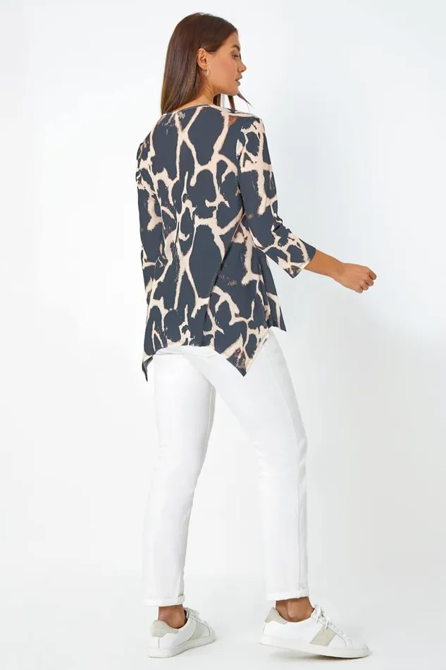 Natural Animal Print Mesh Hanky Hem Top Women Roman Tops
