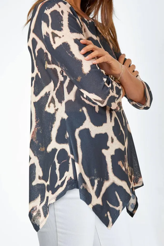 Natural Animal Print Mesh Hanky Hem Top Women Roman Tops