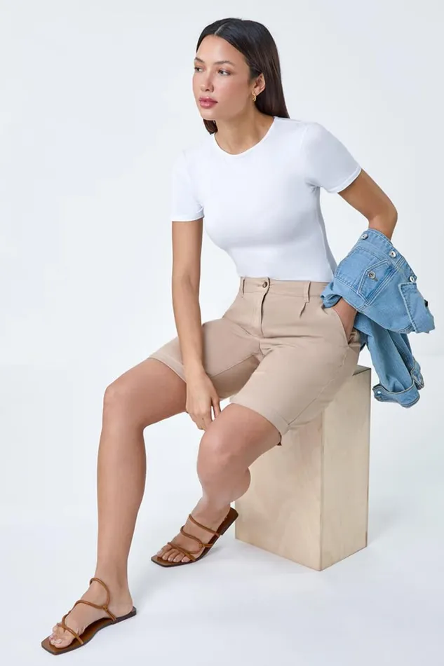 Natural Cotton Blend Elastic Waist Chino Shorts Women Roman Trousers