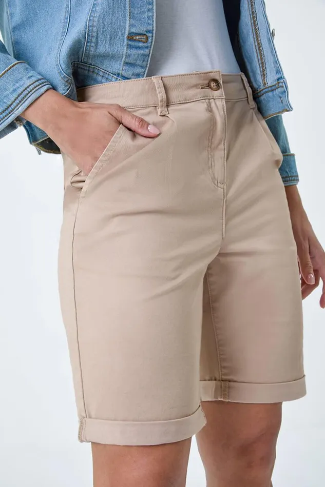 Natural Cotton Blend Elastic Waist Chino Shorts Women Roman Trousers