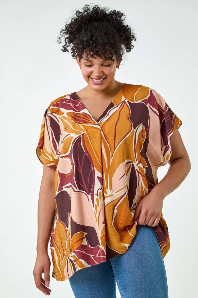 Natural Curve Leaf Print Pleat Front Top Women Roman Tops