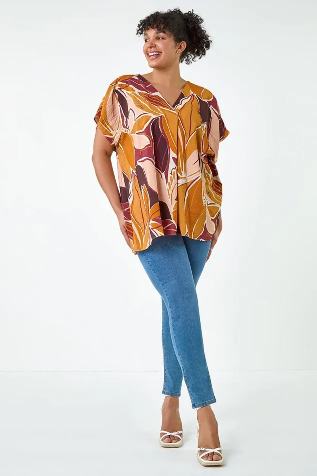 Natural Curve Leaf Print Pleat Front Top Women Roman Tops