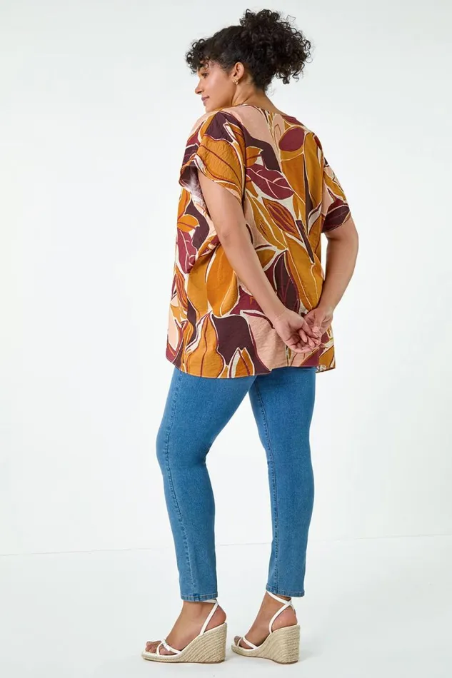 Natural Curve Leaf Print Pleat Front Top Women Roman Tops