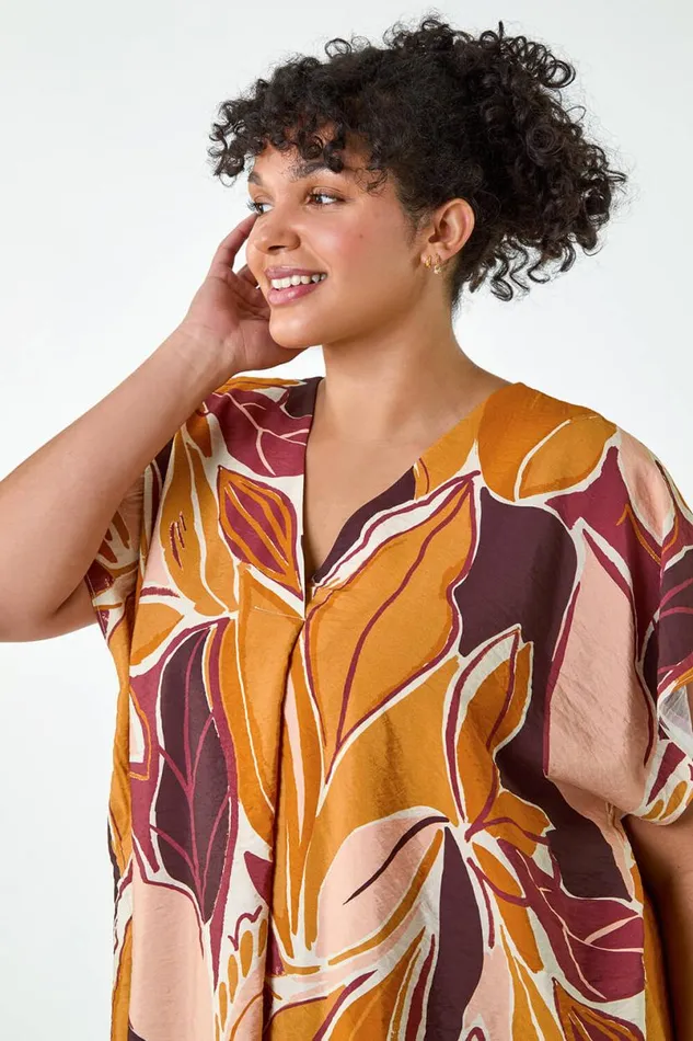 Natural Curve Leaf Print Pleat Front Top Women Roman Tops