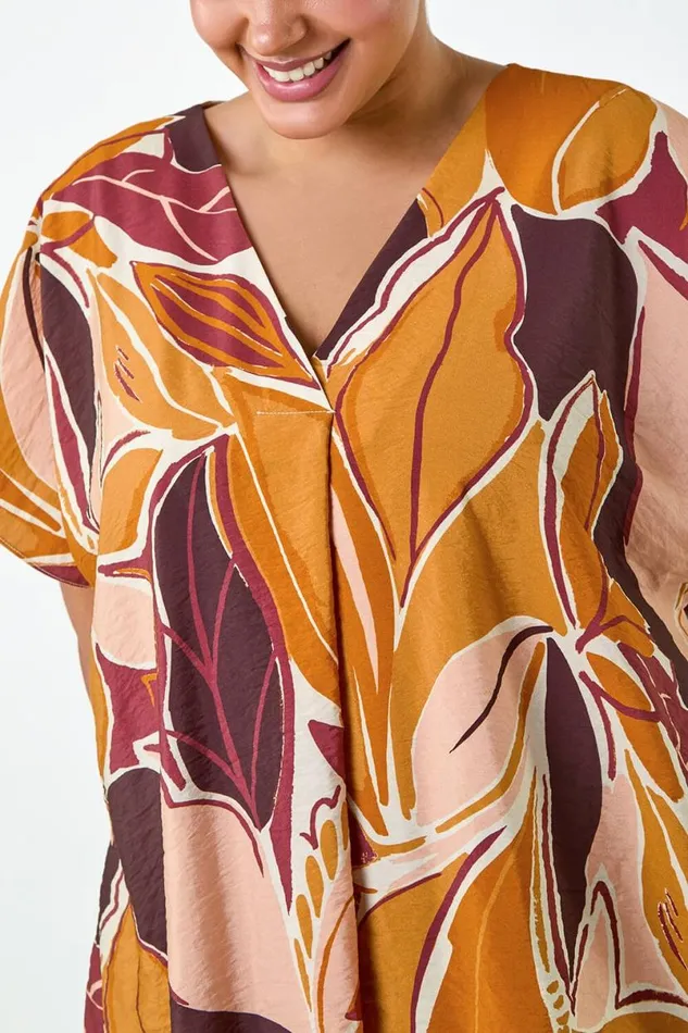 Natural Curve Leaf Print Pleat Front Top Women Roman Tops