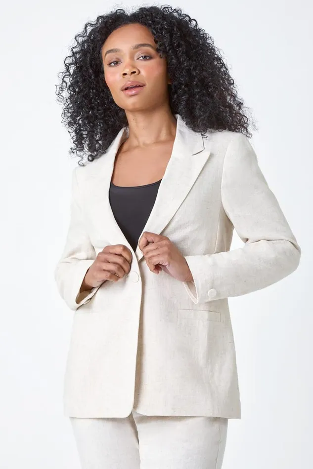 Natural Petite Linen Blend Blazer Women Roman Jackets