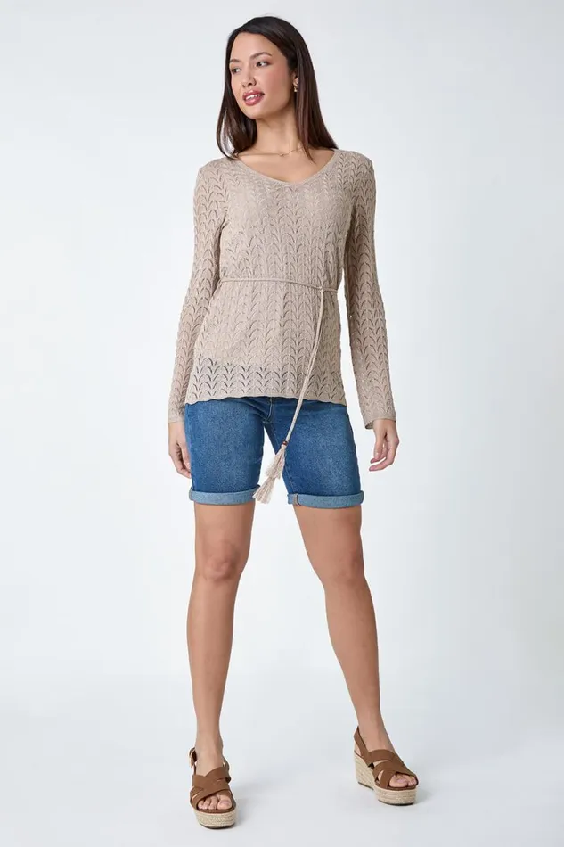 Natural Pointelle Tassel Detail VNeck Knit Top Women Roman Tops