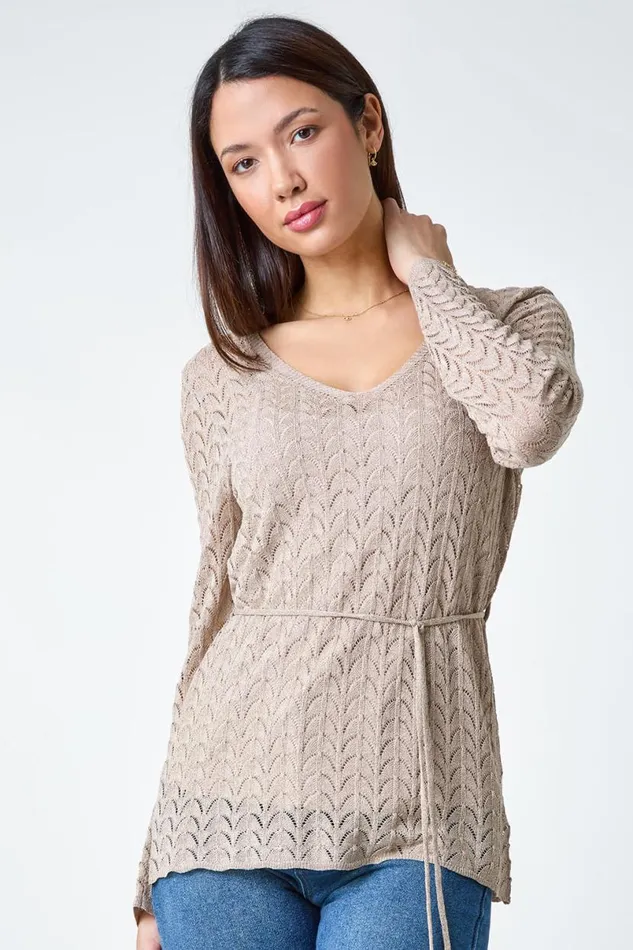 Natural Pointelle Tassel Detail VNeck Knit Top Women Roman Tops