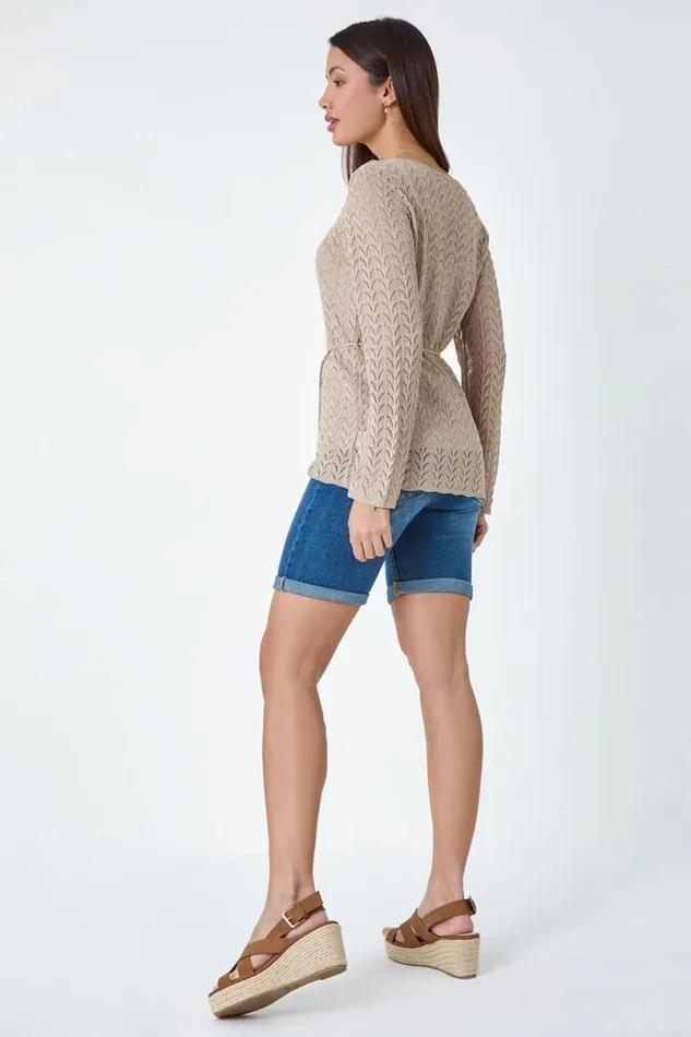 Natural Pointelle Tassel Detail VNeck Knit Top Women Roman Tops