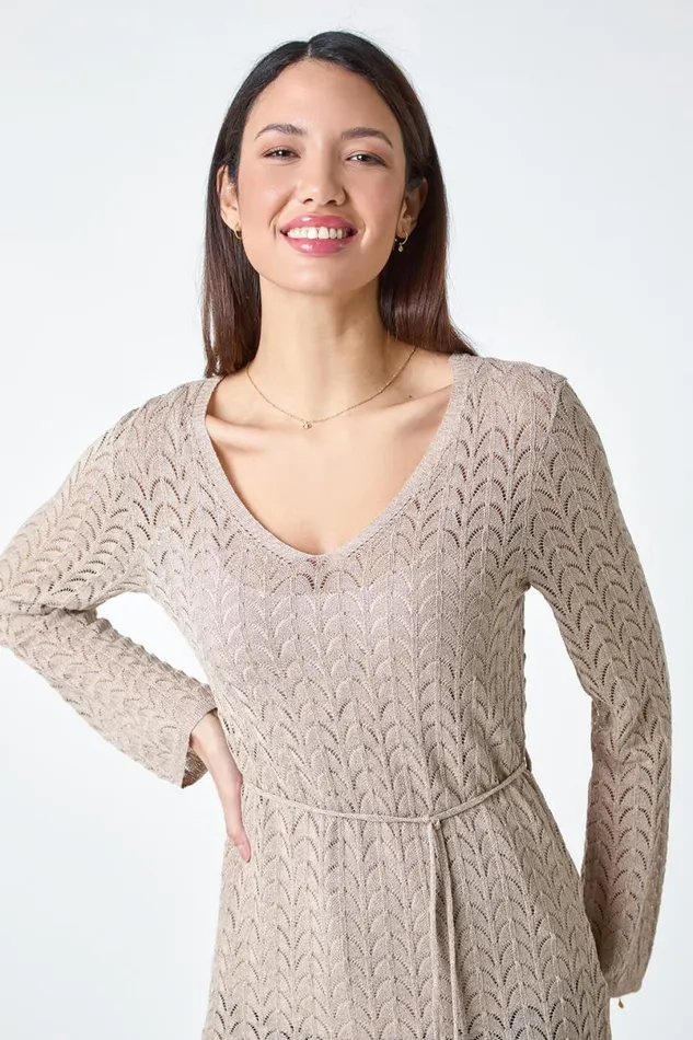 Natural Pointelle Tassel Detail VNeck Knit Top Women Roman Tops