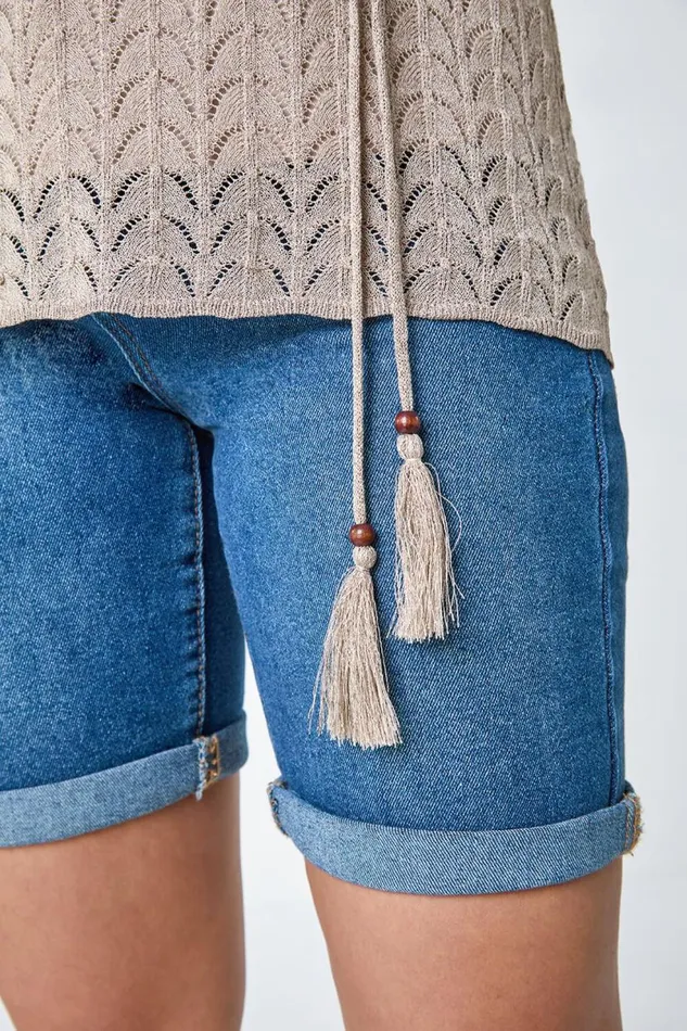 Natural Pointelle Tassel Detail VNeck Knit Top Women Roman Tops