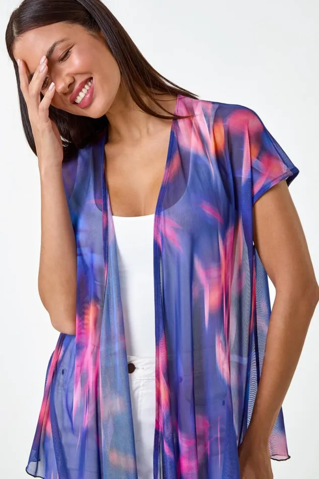 Navy Abstract Print Stretch Mesh Cardigan Women Roman Tops