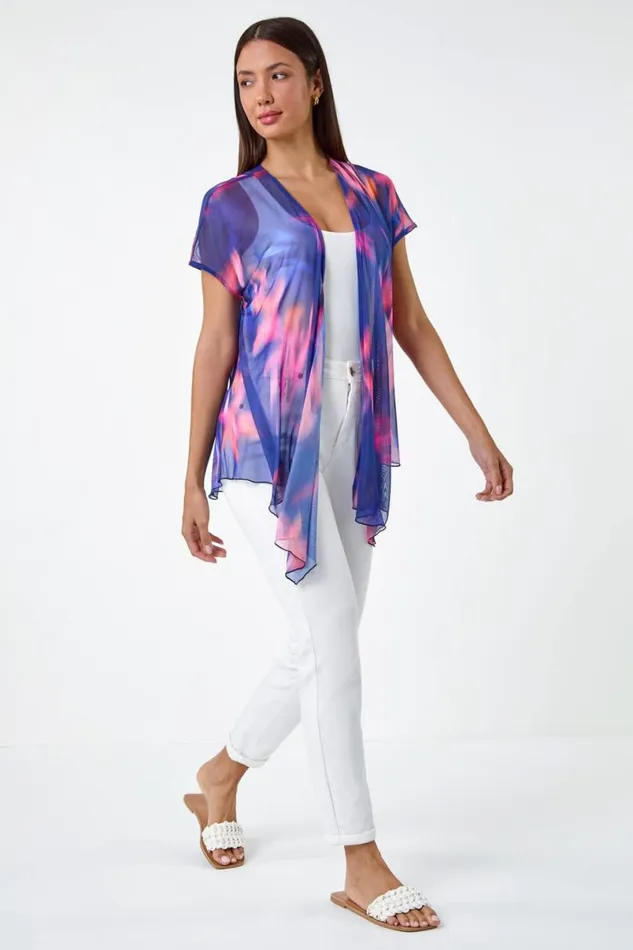 Navy Abstract Print Stretch Mesh Cardigan Women Roman Tops