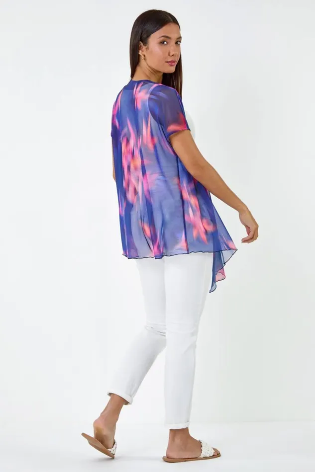 Navy Abstract Print Stretch Mesh Cardigan Women Roman Tops