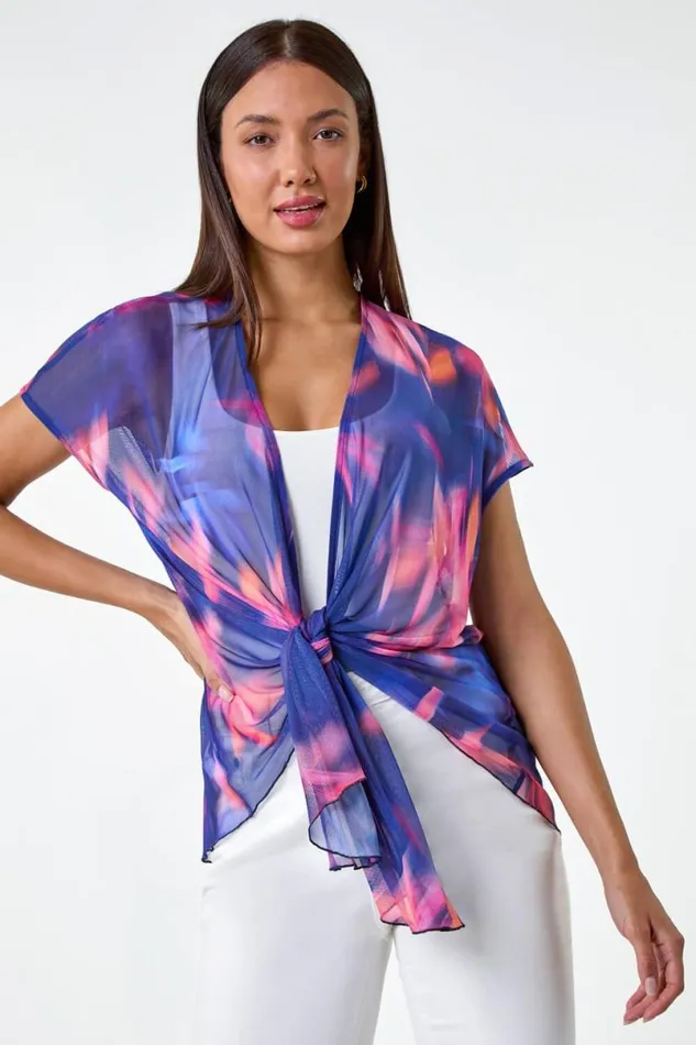 Navy Abstract Print Stretch Mesh Cardigan Women Roman Tops