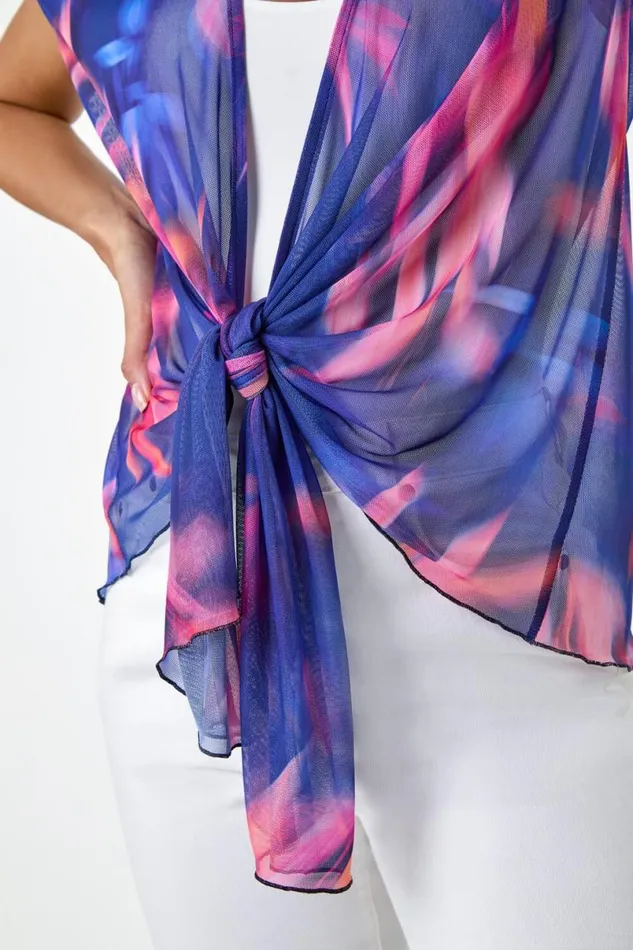 Navy Abstract Print Stretch Mesh Cardigan Women Roman Tops