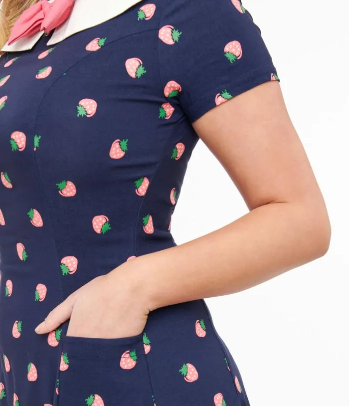 Navy and Pink Strawberry Print Eloise Swing Dress Dresses Unique Vintage Swing