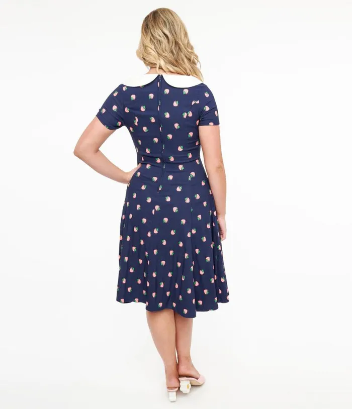 Navy and Pink Strawberry Print Eloise Swing Dress Dresses Unique Vintage Swing