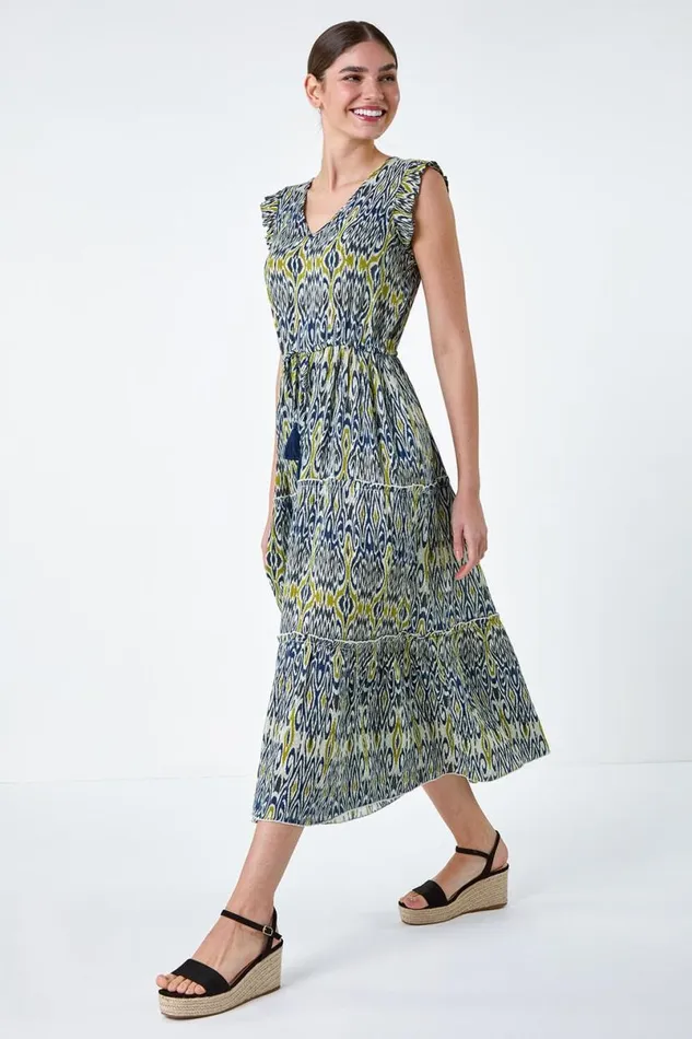 Navy Aztec Frill Detail Tiered Maxi Dress Women Roman Dresses