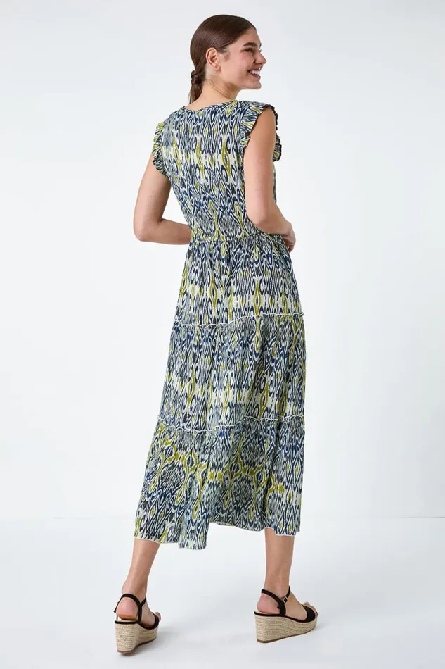 Navy Aztec Frill Detail Tiered Maxi Dress Women Roman Dresses