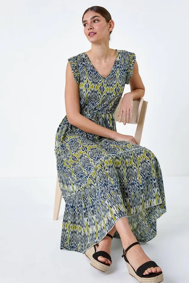 Navy Aztec Frill Detail Tiered Maxi Dress Women Roman Dresses