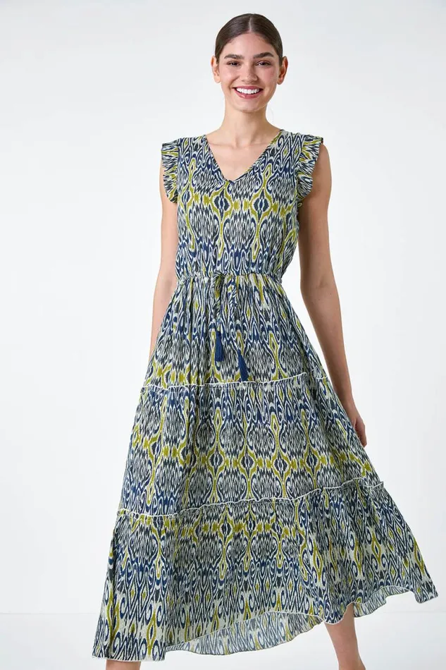 Navy Aztec Frill Detail Tiered Maxi Dress Women Roman Dresses