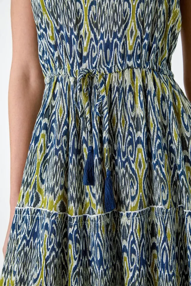 Navy Aztec Frill Detail Tiered Maxi Dress Women Roman Dresses
