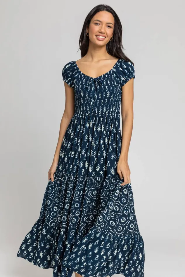 Navy Aztec Tie Detail Tiered Maxi Dress Women Roman Dresses
