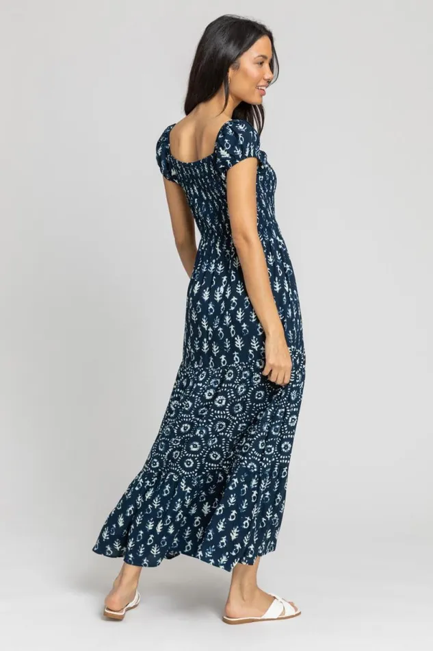 Navy Aztec Tie Detail Tiered Maxi Dress Women Roman Dresses