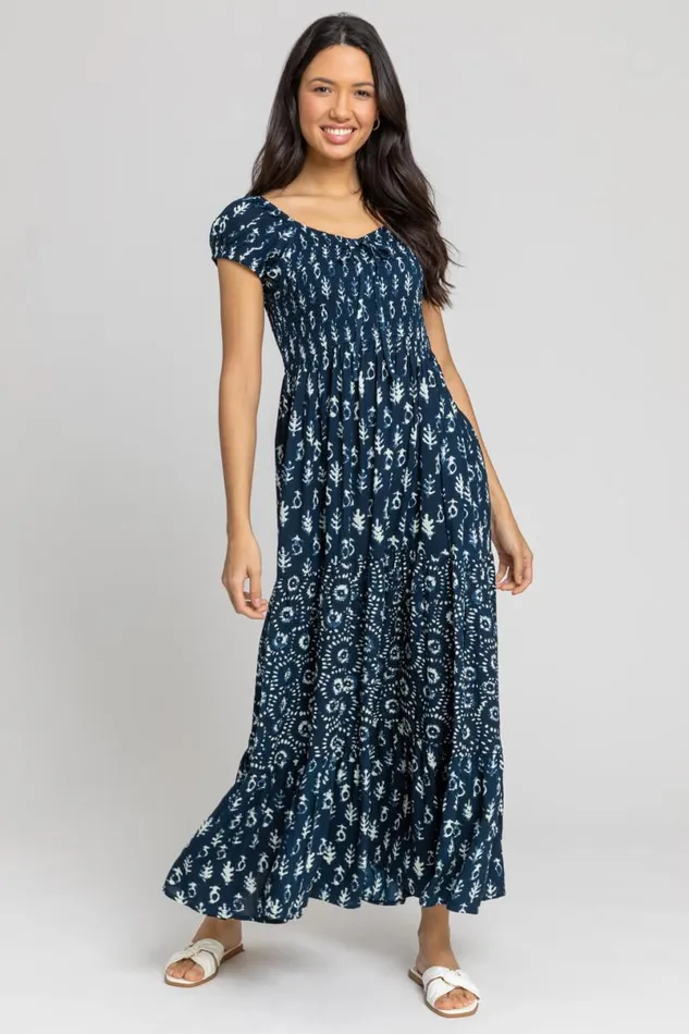 Navy Aztec Tie Detail Tiered Maxi Dress Women Roman Dresses