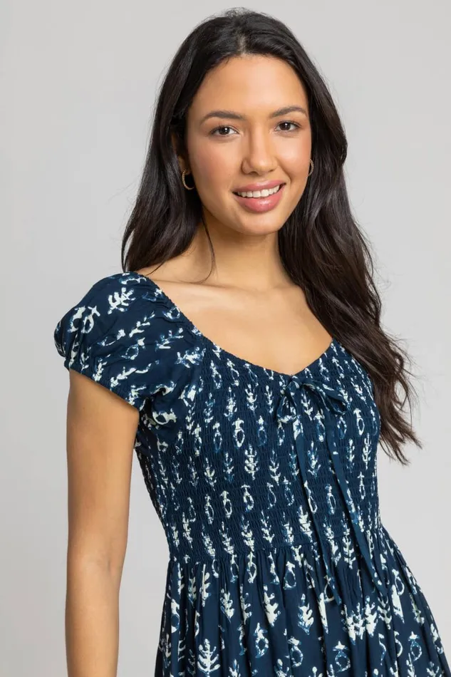 Navy Aztec Tie Detail Tiered Maxi Dress Women Roman Dresses