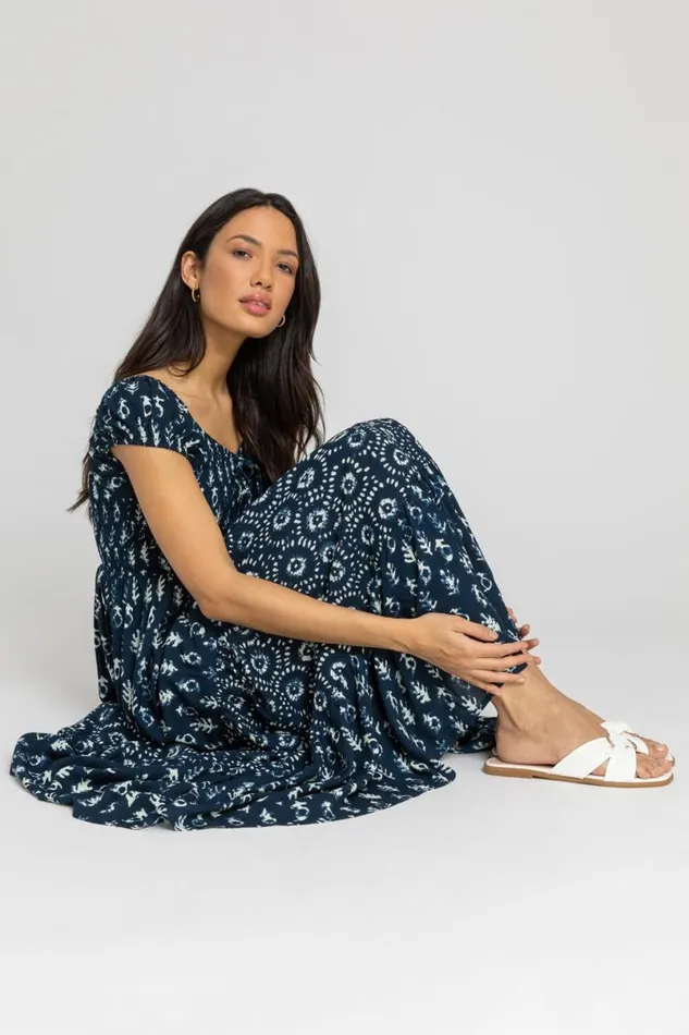 Navy Aztec Tie Detail Tiered Maxi Dress Women Roman Dresses