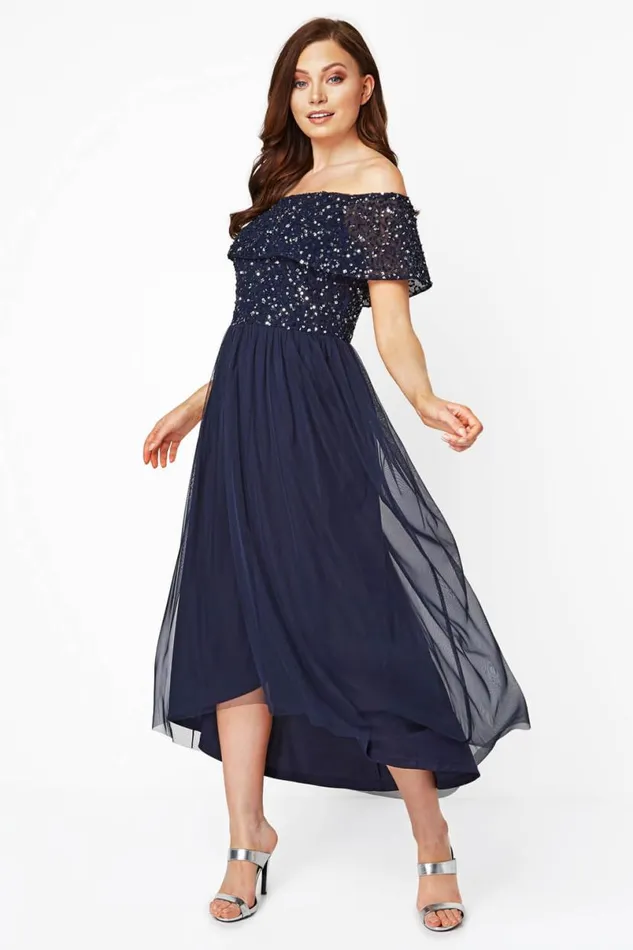 Navy Bardot Sequin Midi Dress Women Roman Dresses