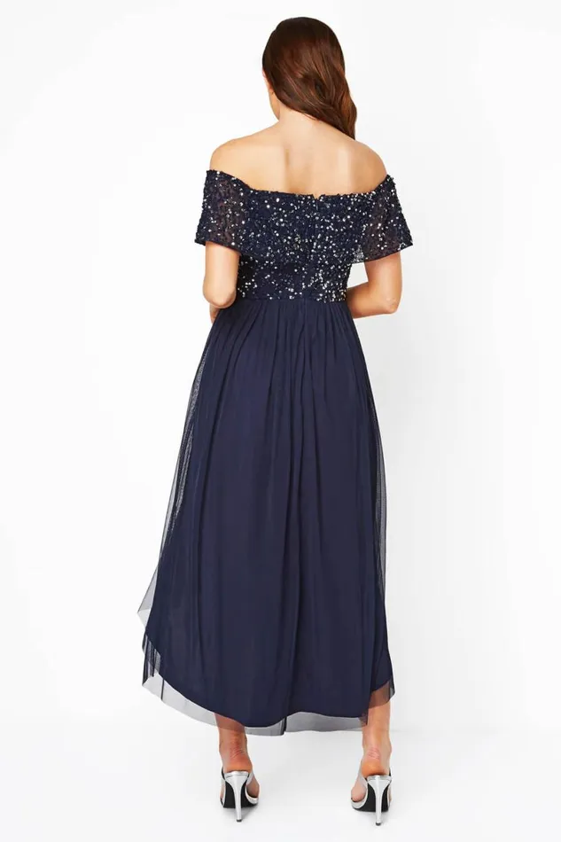 Navy Bardot Sequin Midi Dress Women Roman Dresses