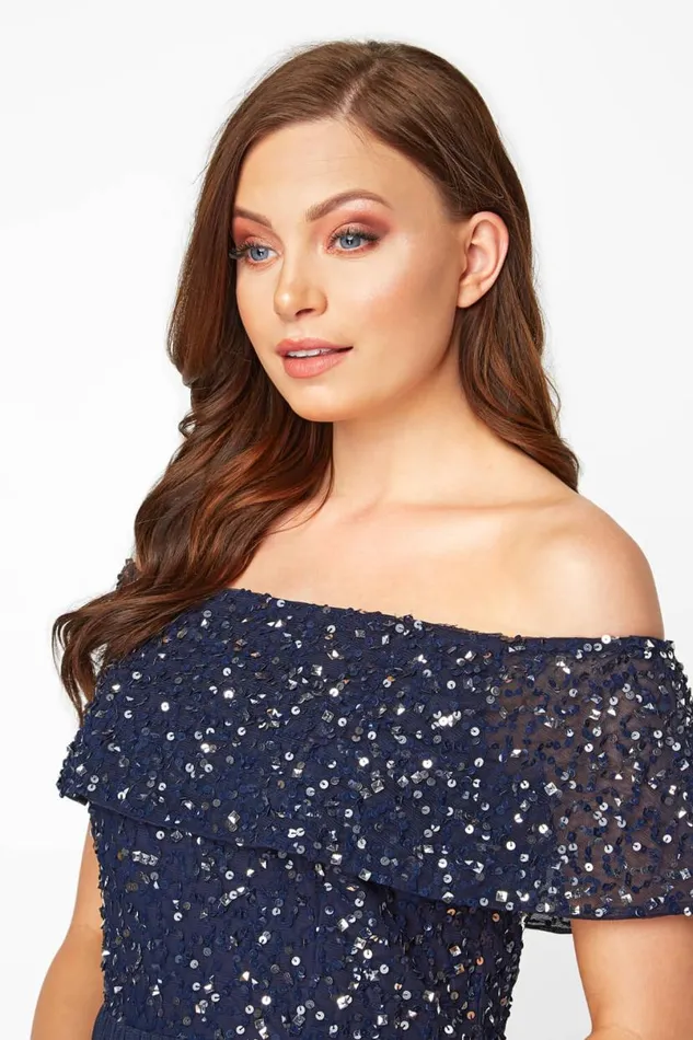 Navy Bardot Sequin Midi Dress Women Roman Dresses