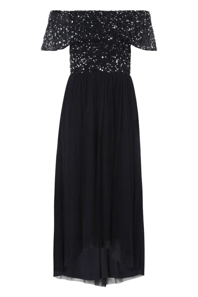 Navy Bardot Sequin Midi Dress Women Roman Dresses