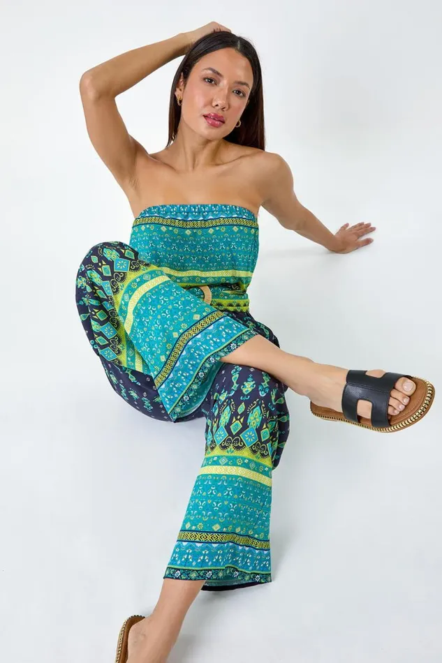 Navy Border Print Belted Bandeau Jumpsuit Women Roman Dresses