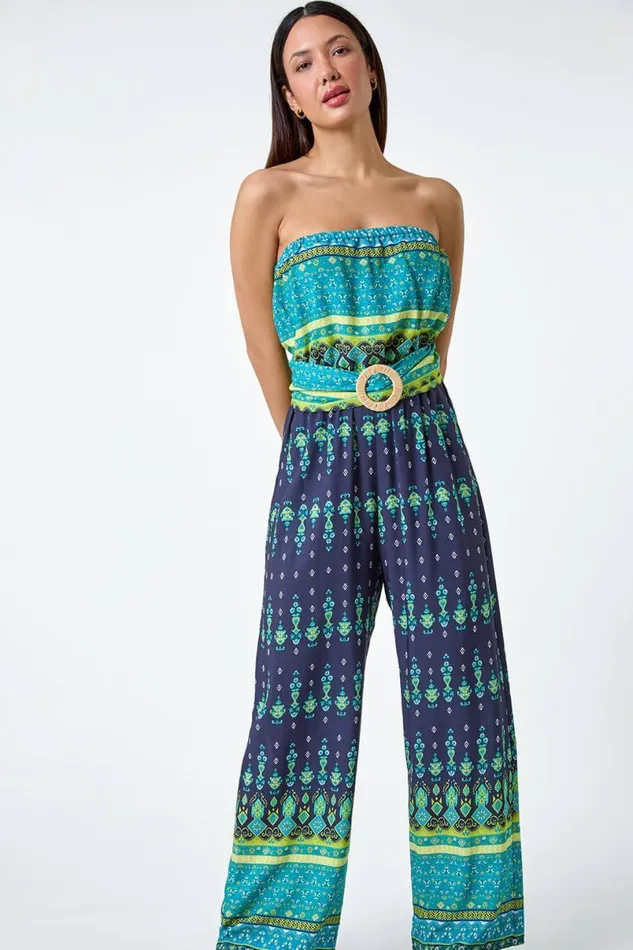 Navy Border Print Belted Bandeau Jumpsuit Women Roman Dresses