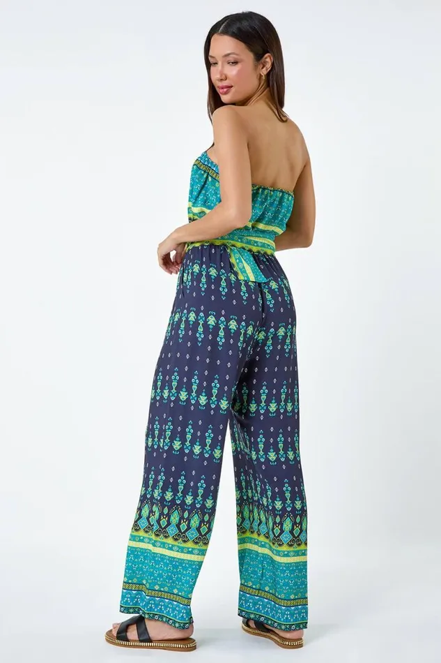 Navy Border Print Belted Bandeau Jumpsuit Women Roman Dresses