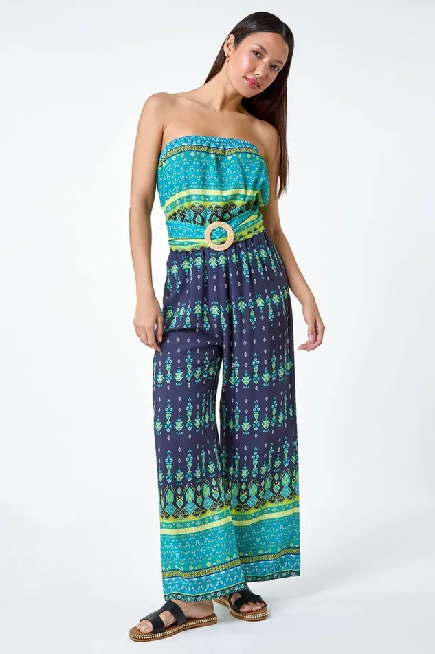 Navy Border Print Belted Bandeau Jumpsuit Women Roman Dresses