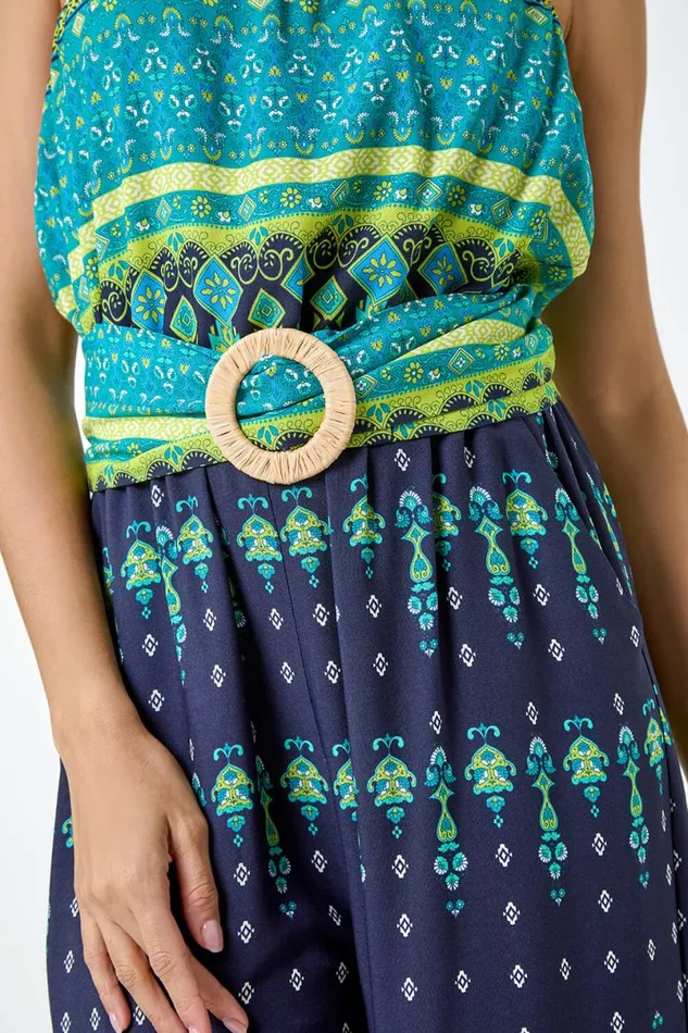 Navy Border Print Belted Bandeau Jumpsuit Women Roman Dresses