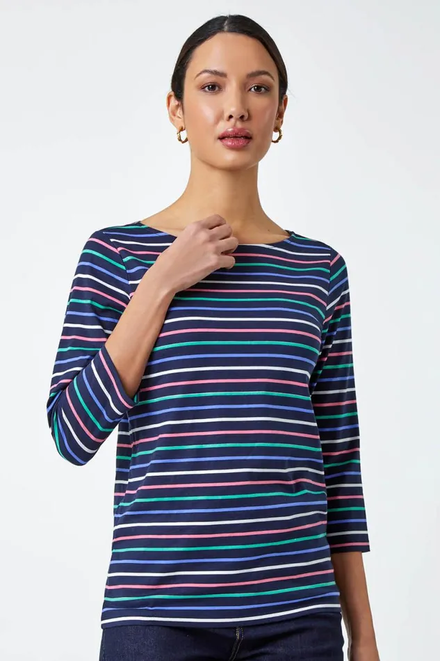 Navy Cotton Stripe Print Top Women Roman Tops