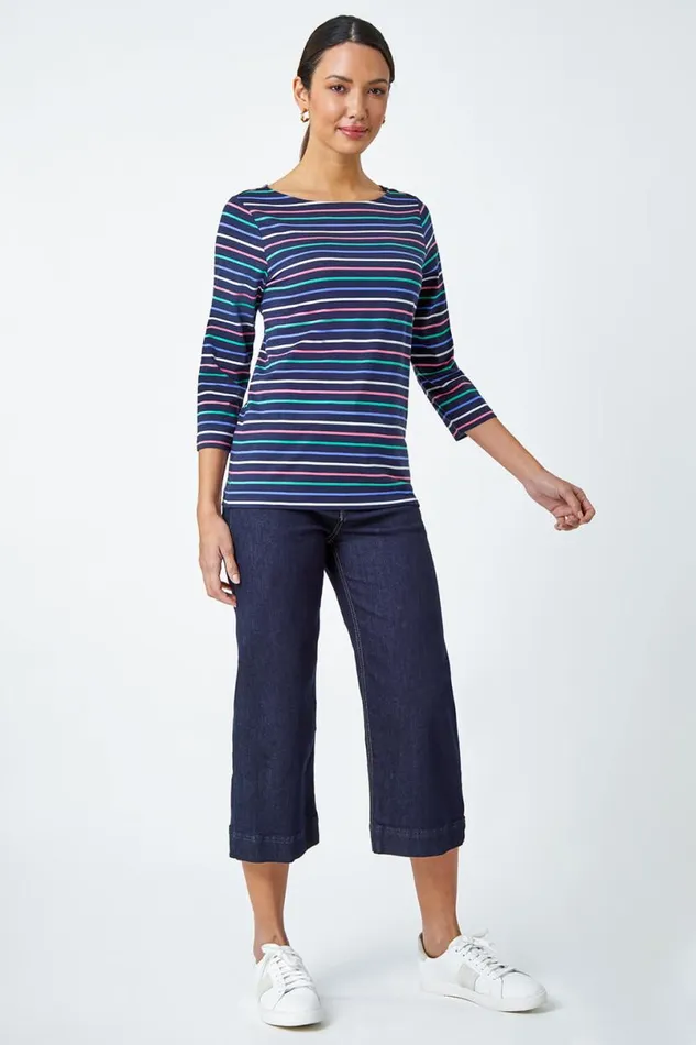 Navy Cotton Stripe Print Top Women Roman Tops