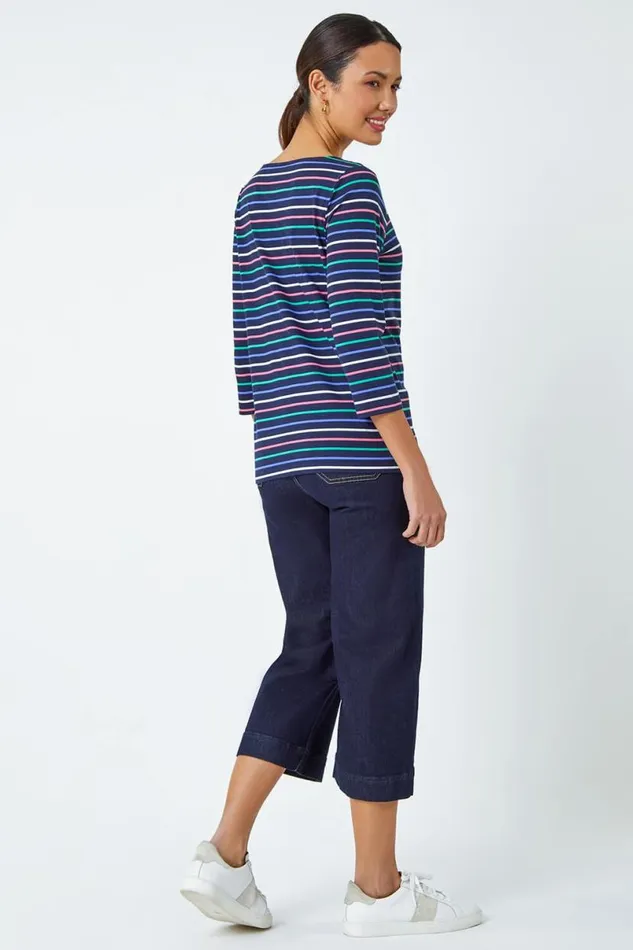Navy Cotton Stripe Print Top Women Roman Tops