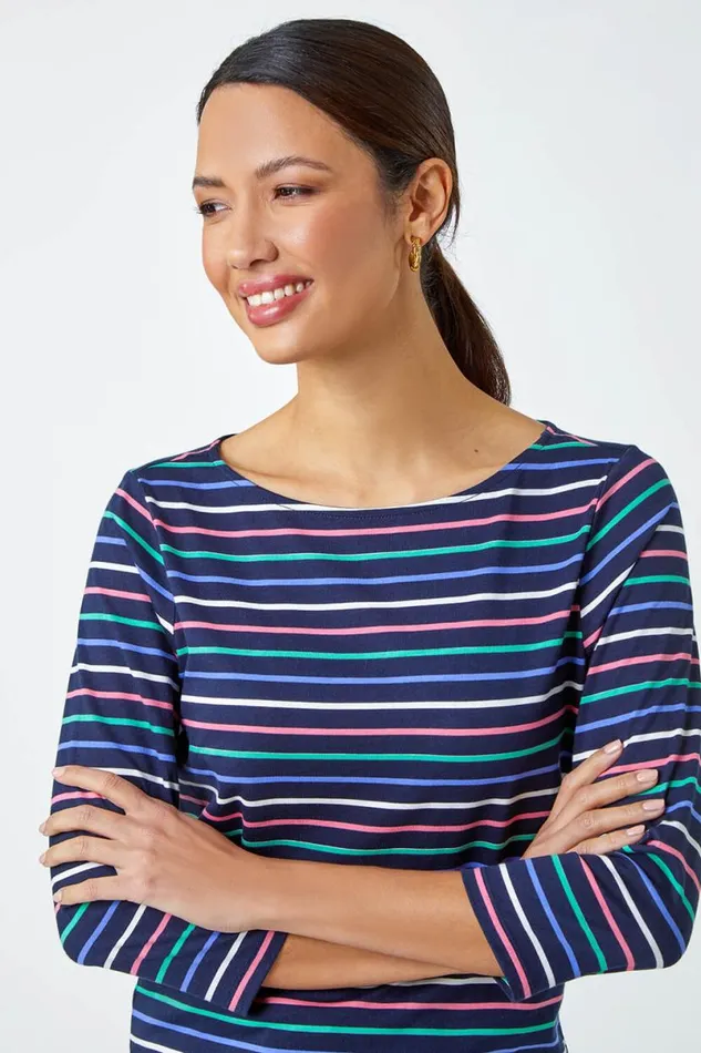 Navy Cotton Stripe Print Top Women Roman Tops