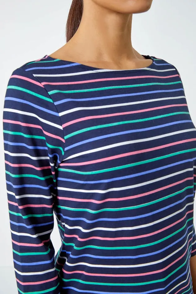 Navy Cotton Stripe Print Top Women Roman Tops