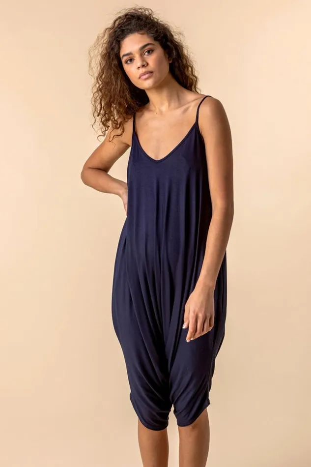 Navy Cropped VNeck Hareem Jumpsuit Women Roman Dresses