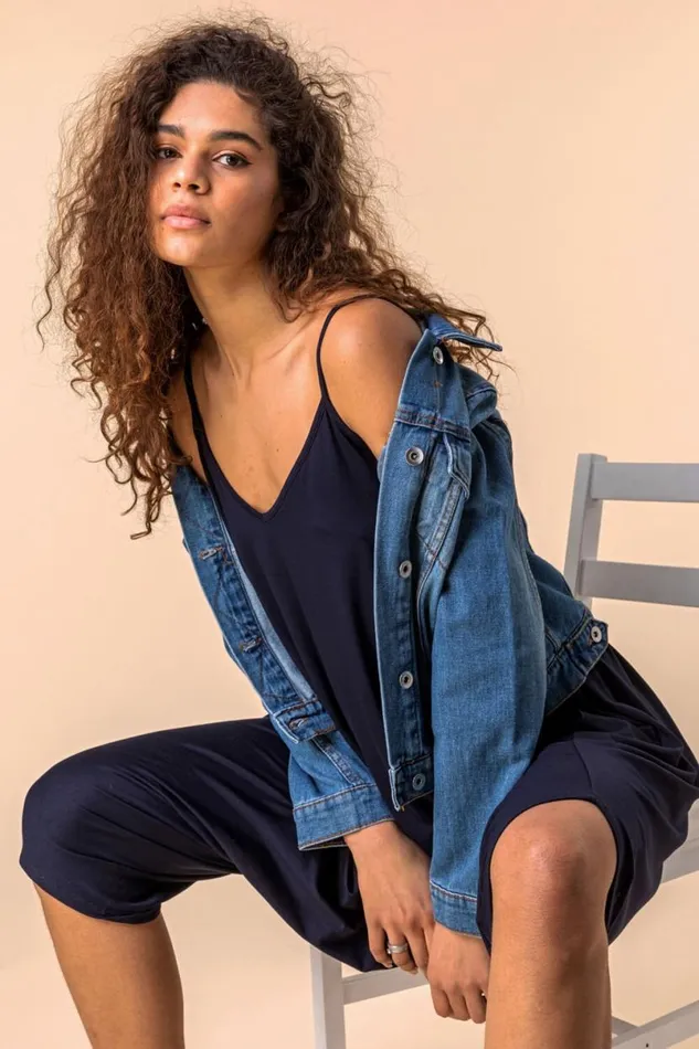 Navy Cropped VNeck Hareem Jumpsuit Women Roman Dresses