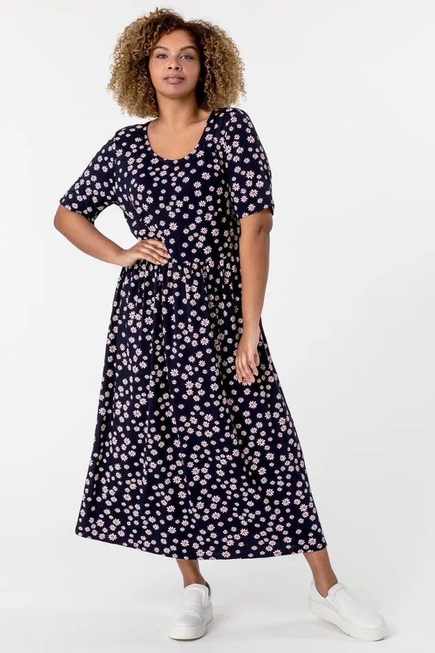 Navy Curve Ditsy Floral Print Midi Dress Women Roman Dresses