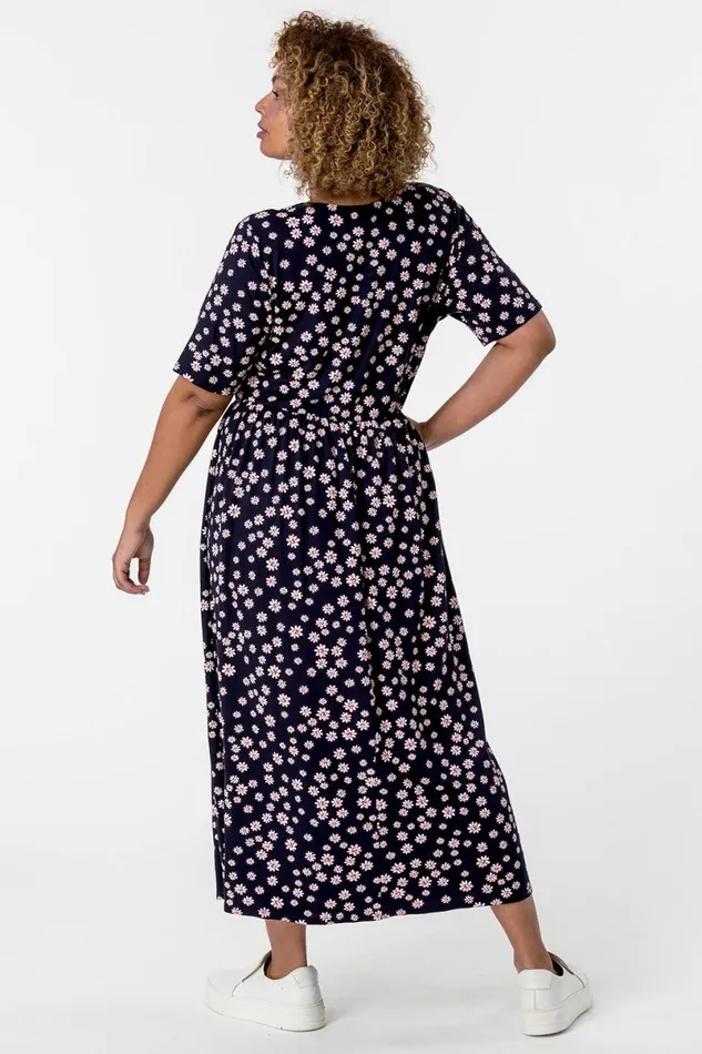 Navy Curve Ditsy Floral Print Midi Dress Women Roman Dresses